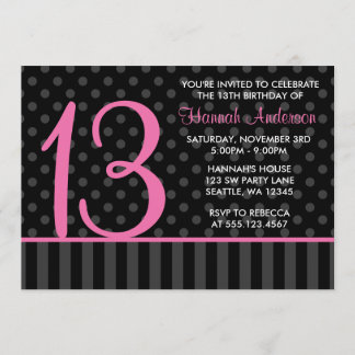13. Geburtstag Pink und Schwarzer Polka Dot Streif Einladung