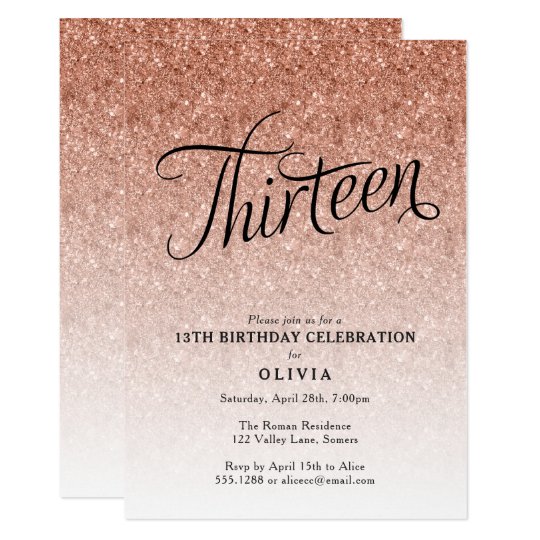 13 Geburtstag Rose Gold Ombre Glitzer Einladung Zazzle Ch