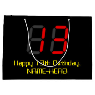 13. Geburtstag: Rote Digitaluhr-Art "13" + Name Große Geschenktüte