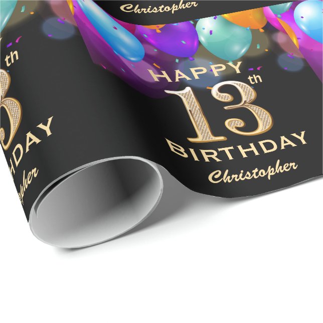 13. Geburtstagsparty Black and Gold Ballons Geschenkpapier (Rolleneckpunkt)