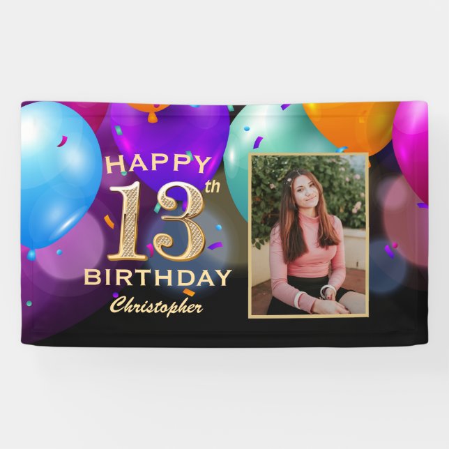 13. Geburtstagsparty Black and Gold Balloons Foto Banner (Horizontal)