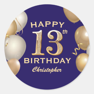 13. Geburtstagsparty Navy Blue and Gold Balloons Runder Aufkleber