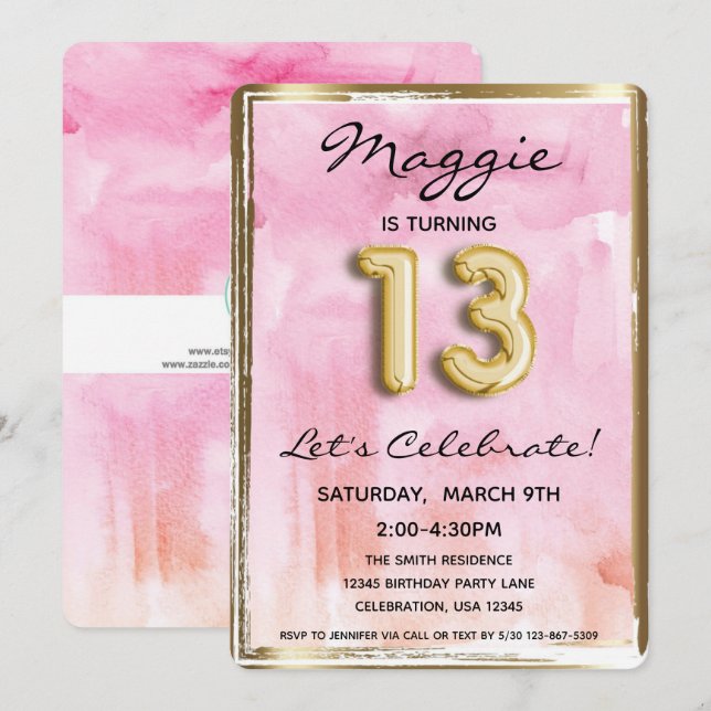 13. Girl Birthday Pink und Gold Einladung (Vorne/Hinten)
