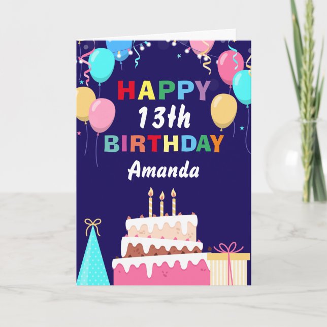 13. Happy Birthday Balloons Cake Navy Blue Karte (Vorderseite)