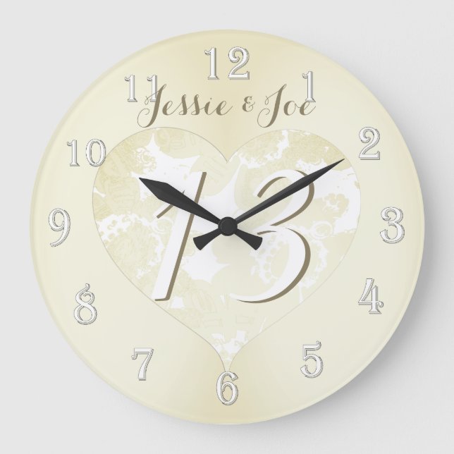 13. Hochzeit-Jubiläum Lace-like Heart Große Wanduhr (Vorderseite)