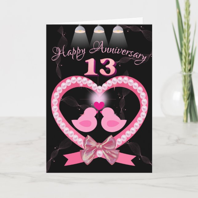 13. Hochzeit Jubiläum Rosa Herzlove Vögel Karte (Vorderseite)