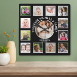 13 Photo Collage Together Family Quote Name Black  Quadratische Wanduhr<br><div class="desc">Create your own photo collage wall clock with 13 of your favorite pictures. The photo frame clock helps you treasure your special moments and also makes a thoughtful gift for parents, grandparents and friends. The personalized family clock makes it a perfect gift for all occasions. Personalize with family name and...</div>