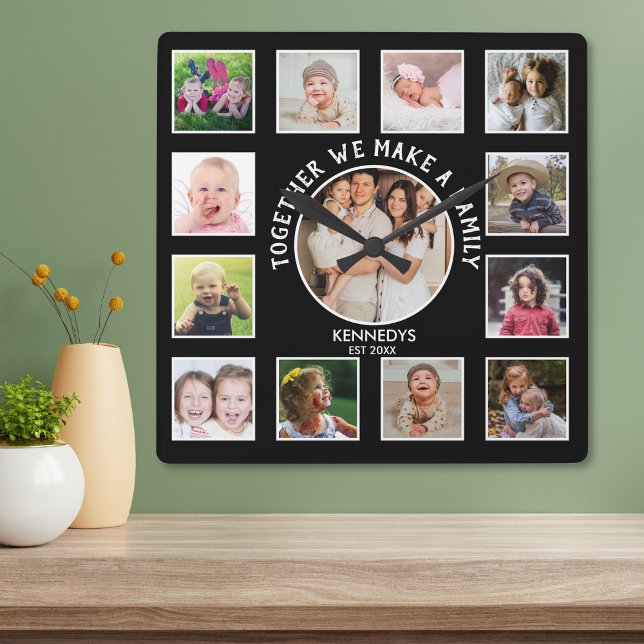 13 Photo Collage Together Family Quote Name Black  Quadratische Wanduhr (Von Creator hochgeladen)