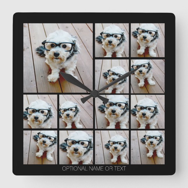 13 Photo Funky Collage with Simple Text Quadratische Wanduhr (Vorderseite)