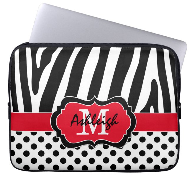 13" Red Black Zebra Stripes Polka Dots Laptop Case (Vorderseite)