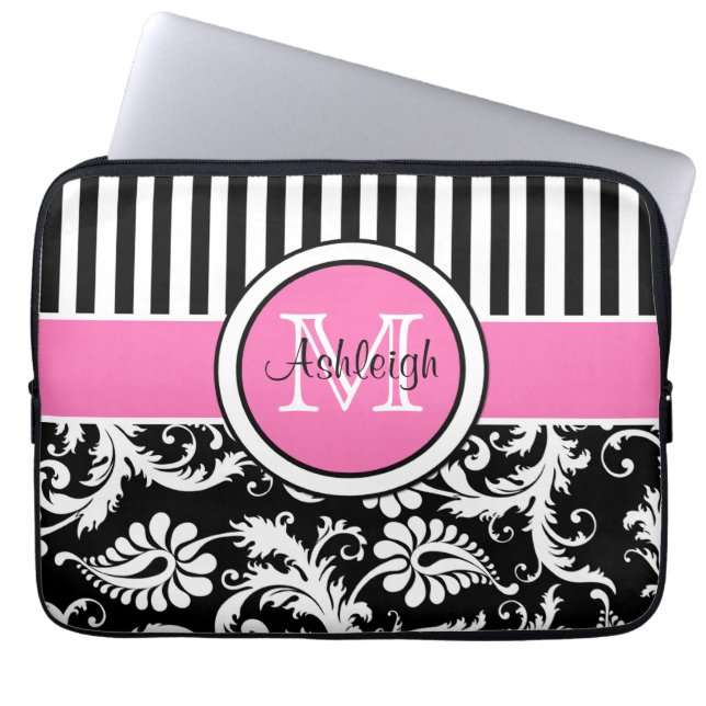 13" Rosa-Schwarz-weißer Damast-gestreifte Laptopschutzhülle (Vorderseite)
