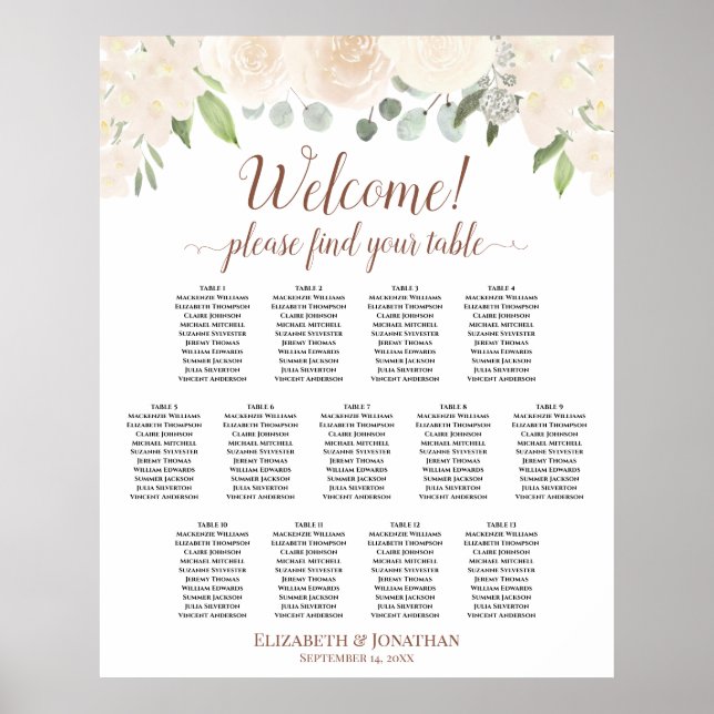 13 Rose mit blassgelbem Pfirsichdach Hochzeitstabe Poster (Vorne)