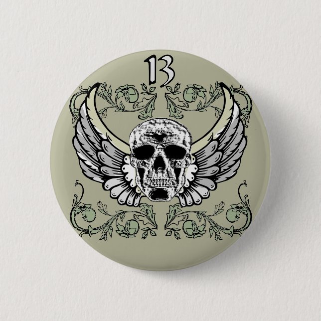 13 Stunden-Schädel-Uhr-Muster Button (Vorderseite)