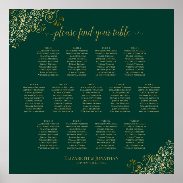 13 Tabelle Emerald Green Wedding Seating Chart Gol Poster (Vorne)