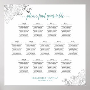 13 Tabelle Frily Wedding Seating Chart Weiß & Aqua Poster