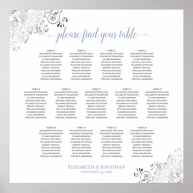 13 Tabelle Frily Wedding Seating Chart White & Blu Poster (Vorne)