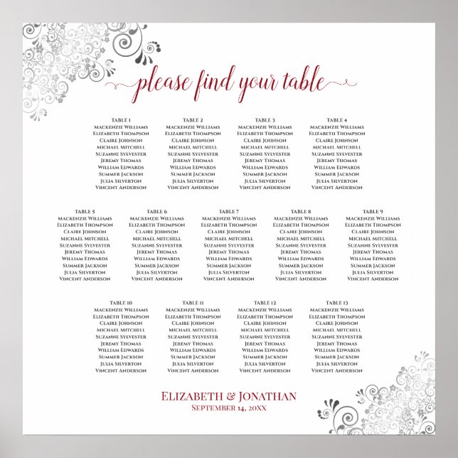 13 Tabelle Frily Wedding Seating Chart White & Red Poster (Vorne)