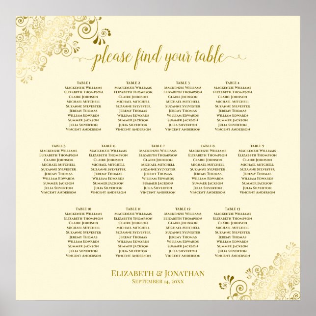13 Tabelle Gold Frills Creme Wedding Chart Poster (Vorne)