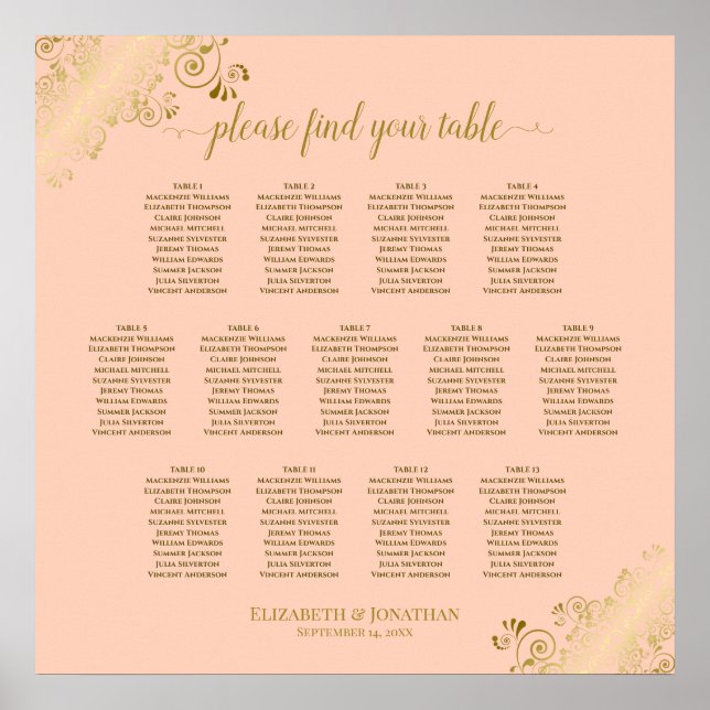 13 Tabelle Korallenpfirsich & Gold Hochzeitskarte Poster (Vorne)