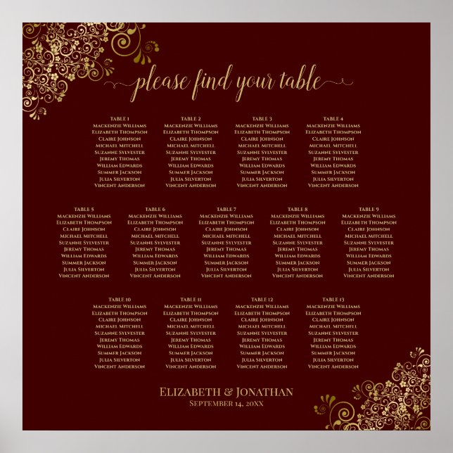 13 Tabelle Lacy Gold & Auburn Seating Chart Poster (Vorne)