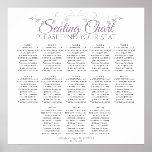 13 Tabelle Lila & grau Hochzeitstabelle Poster (Vorne)