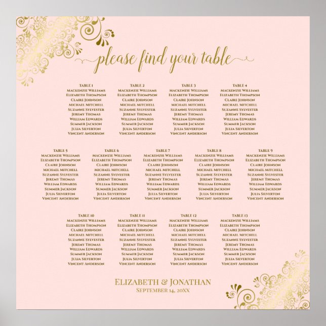 13 Tabelle Rosa und Gold Hochzeitskarte Poster (Vorne)