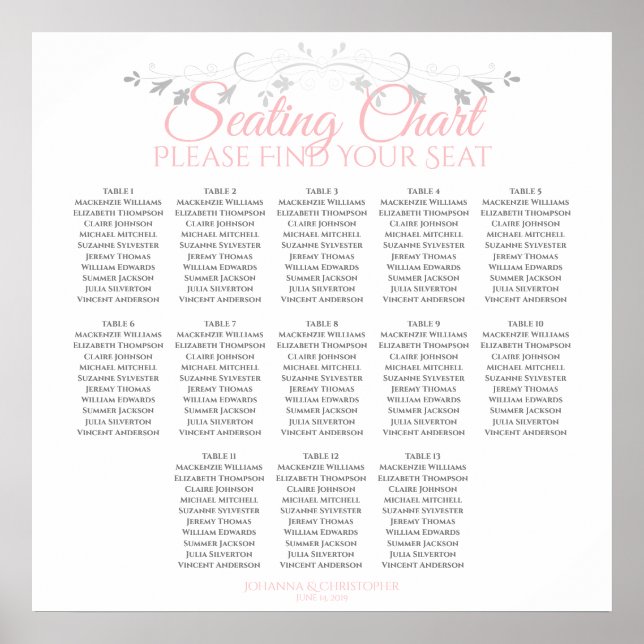 13 Tabelle Rosa und Grau Hochzeitstabelle Poster (Vorne)