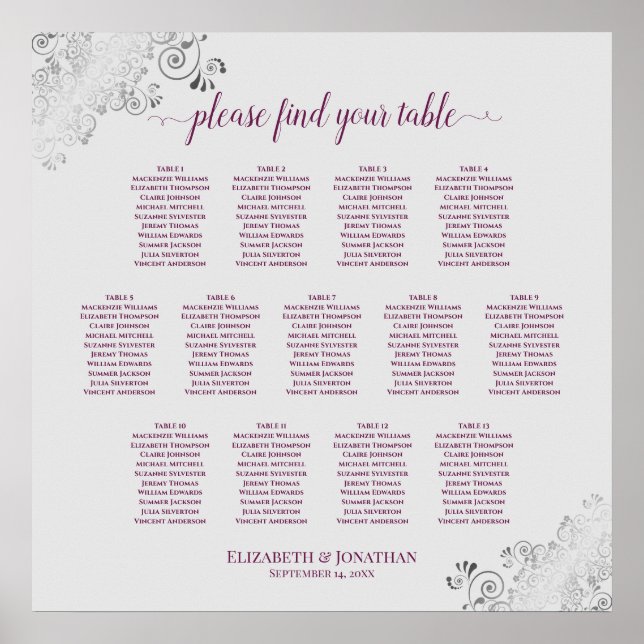 13 TabellenCassis on Gray Wedding Seating Chart Poster (Vorne)