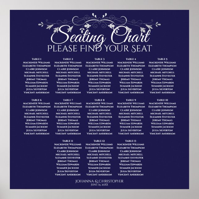 13 Table Elegant Navy Blue Wedding Seating Chart Poster (Vorne)