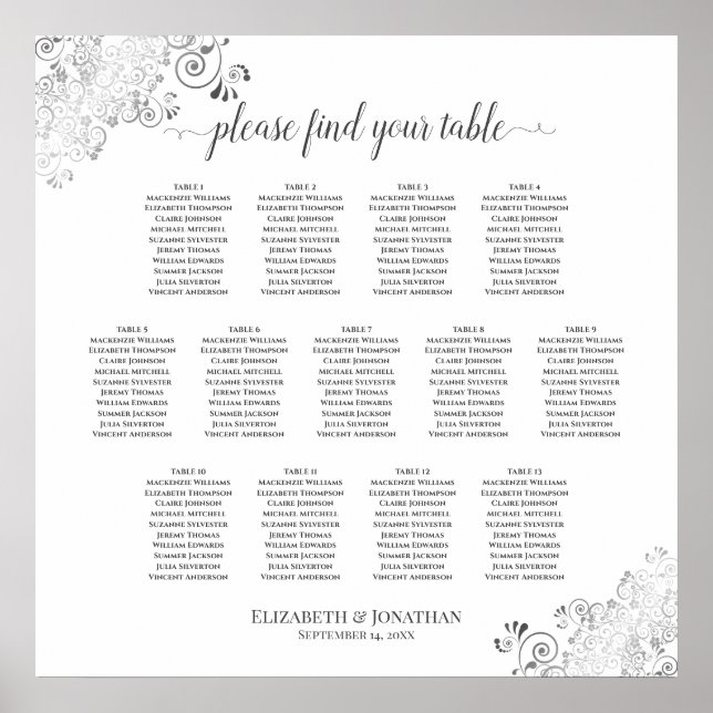 13 Table Silver Frills Wedding Seating Chart White Poster (Vorne)