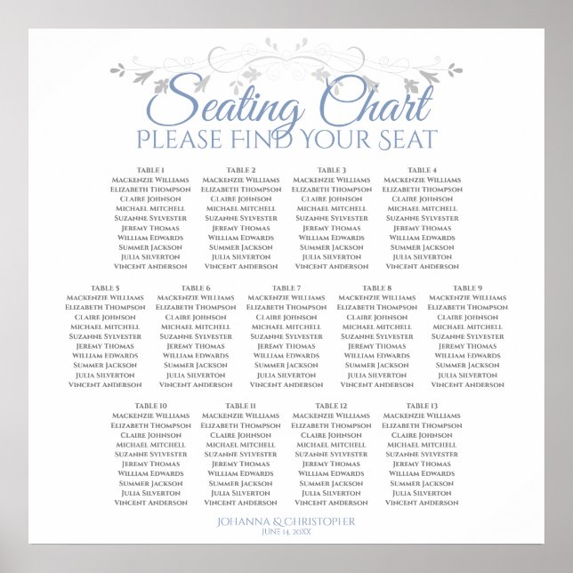 13 Tafelblau auf weißer Hochzeitssattelkarte Poster (Vorne)