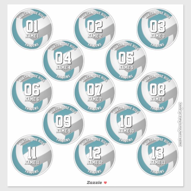 13 Volleyballspieler aquamarine graue Mannschaftsf Aufkleber (Blatt)