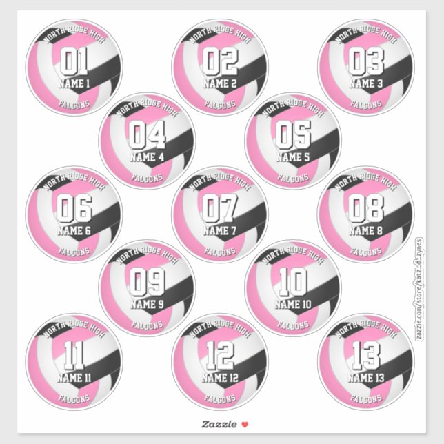 13 Volleyballspieler rosa schwarze Mannschaftsfarb Aufkleber (Blatt)