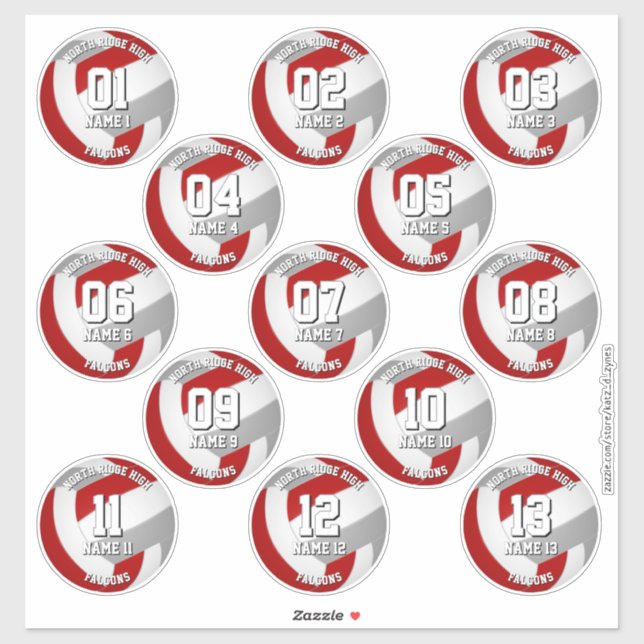 13 Volleyballspieler Rot-Graue Mannschaftsfarben Aufkleber (Blatt)