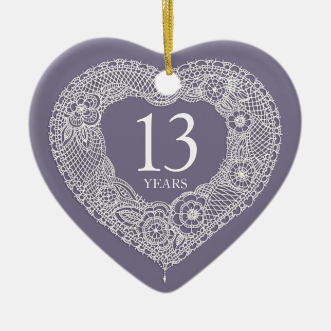 13 years lace anniversary heart photo keramik ornament (Vorne)