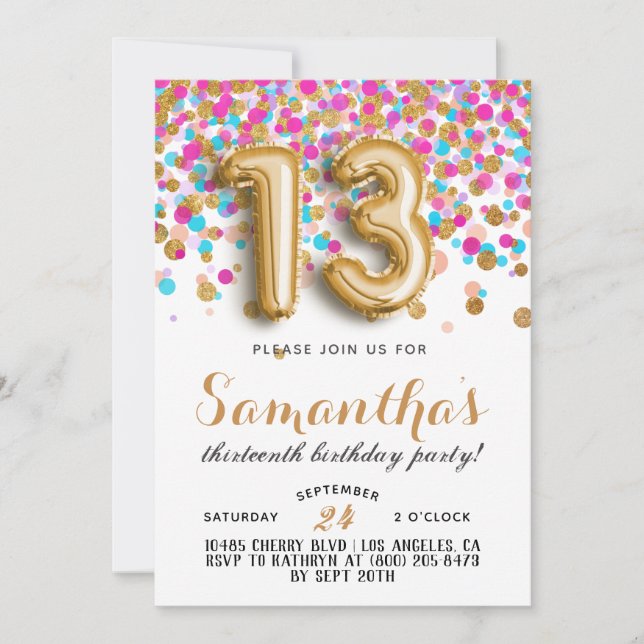 13e anniversaire Confetti Invitation (Devant)