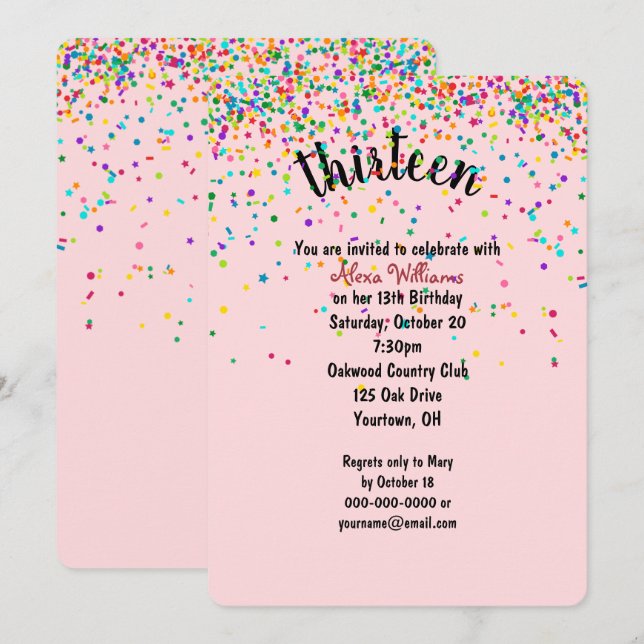 13e anniversaire Fête confetti Invitation (Devant / Derrière)