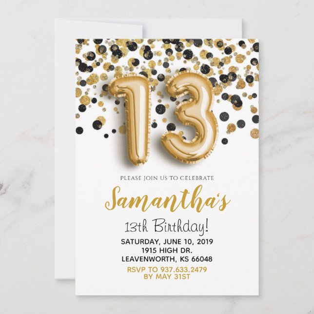 13e anniversaire Gold Confetti Invitation (Devant)
