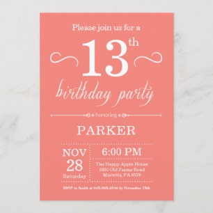 13e anniversaire Invitation Coral