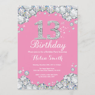 13e anniversaire Invitation Diamant rose et argent