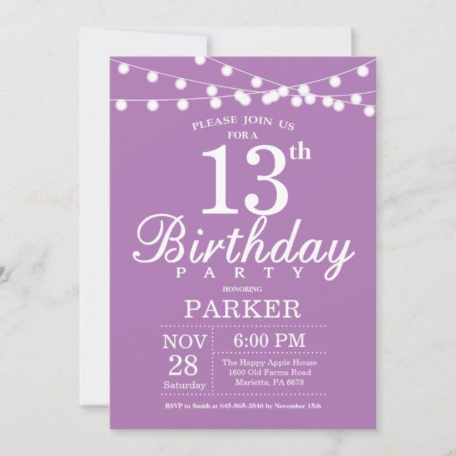 13e anniversaire Invitation Lavande violette Lilac (Devant)