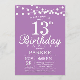 13e anniversaire Invitation Lavande violette Lilac