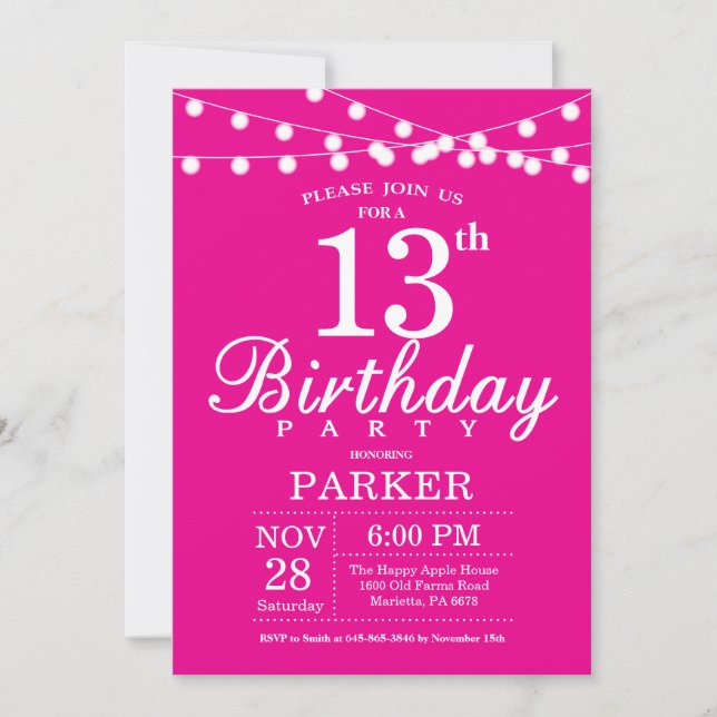 13e anniversaire Invitation rose chaud (Devant)