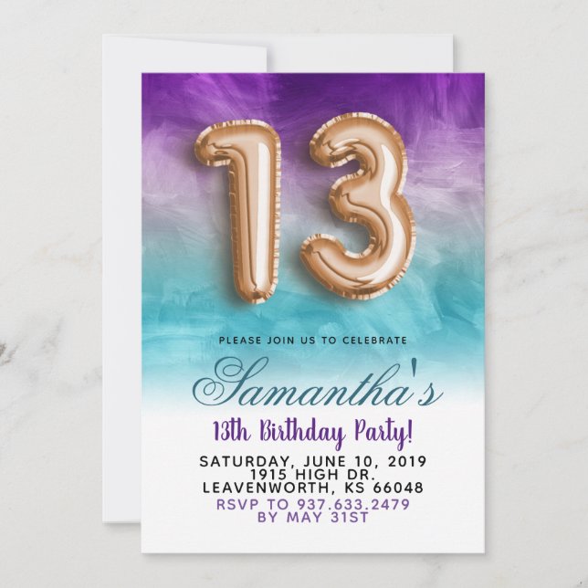 13e anniversaire Purple Blue Gradient Invitation (Devant)