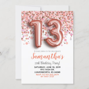 13e anniversaire Rose Gold Confetti Invitation
