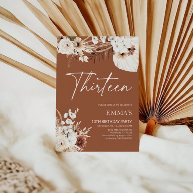 13E Invitation Anniversaire Terracotta Boho Pampas (Créateur téléchargé)