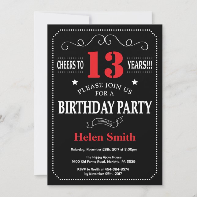 13e Invitation d'anniversaire Tableau rouge et noi (Devant)