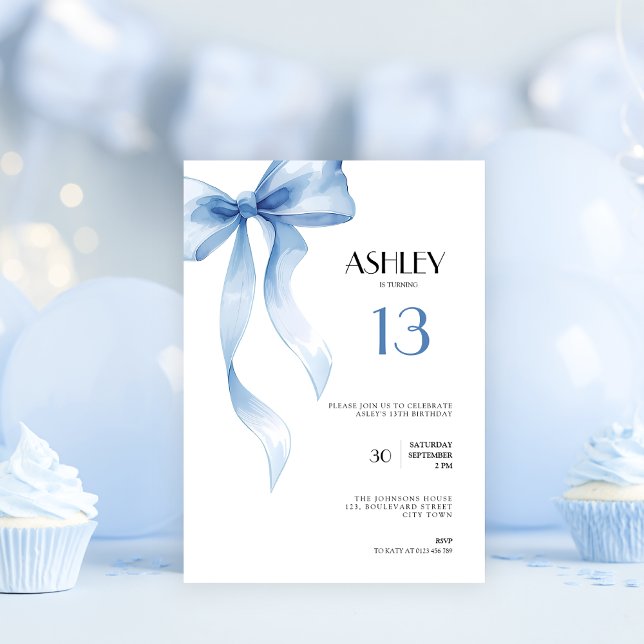 13th Birthday Invitation Teens Blue Bow for Girls (Blue bow coquette 13th birthday invitation for girls)