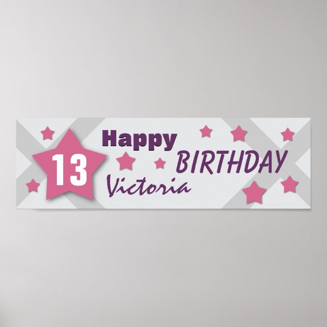 13th Birthday Star Banner PINK PURPLE SILVER V13B Poster (Vorne)