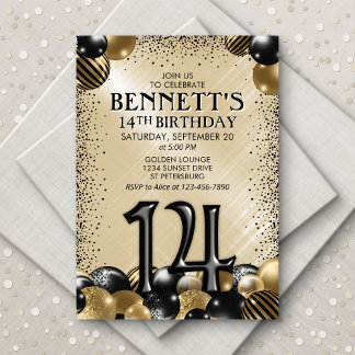 14. Balloons Black Gold Geburtstag Einladung